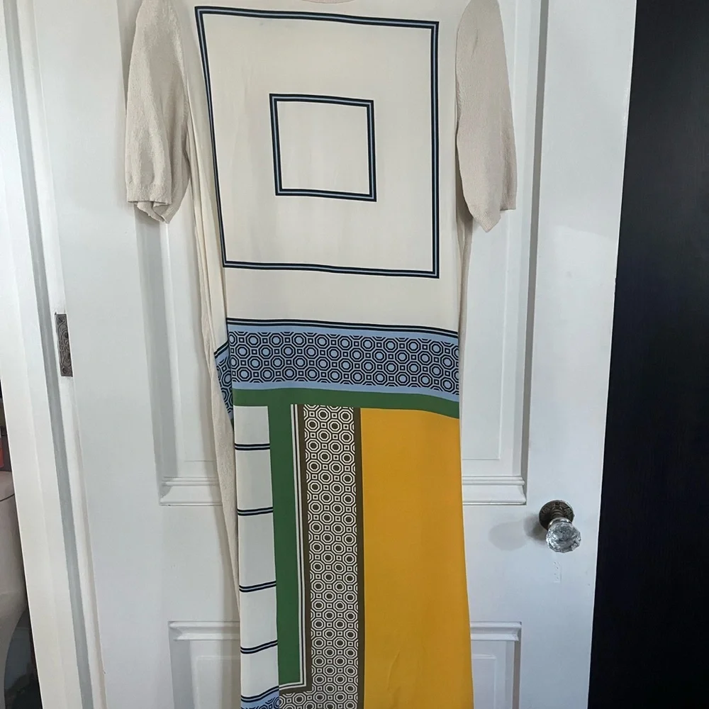 Tory Burch Cream, Blue, Green & Mustard Geometric Midi Dress - Picture 4 of 6